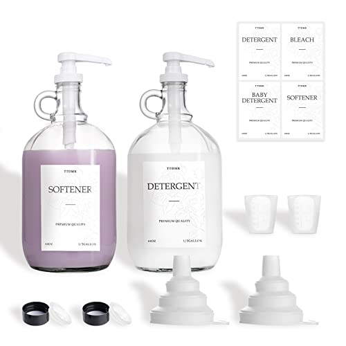 2 Pcs Glass Laundry Detergent Dispenser, Half Gallon Liquid Laundry Soap Dispenser for Laundry Room (64 oz. Each), Laundry Detergent Bottles with Pump Dispenser -Includes Labels, Funnel, Measuring Cup