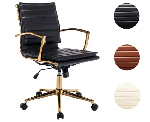 CIMOTA Black Leather Office Chair, Comfortable Mid-Back Office Desk Chair with Wheels and Arms Gold Frame Modern Ergonomic Conference Task Chair Swivel Chair for Teens Adults
