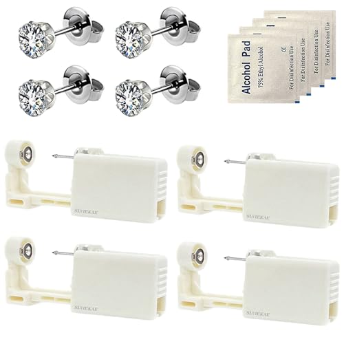SLVIEKAE 4 Pack Self Ear Piercing Gun, Disposable Self Ear Piercing Gun Kit with Earring Studs Safety Ear Piercing Gun Kit Tool (Silver)
