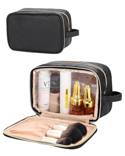 MONSTINA Travel Makeup Bag,Double Layer Toiletry Organizer Women Makeup Brush Bag Cosmetic Case Portable Large Wide-open Pouch Brush Holder Purse Bag(Black PU)