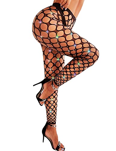 RSLOVE Women Sexy High Waist Tights Rhinestone Sparkle Fishnet Stockings Pantyhose Leggings Lingerie Pants,Black-Colorful Rhinestones