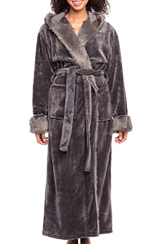 Alexander Del Rossa Women’s Robe, Warm Fleece Hooded Bathrobe with Pockets, Gray with Faux Fur, Large-X-Large (A0296STLXL)