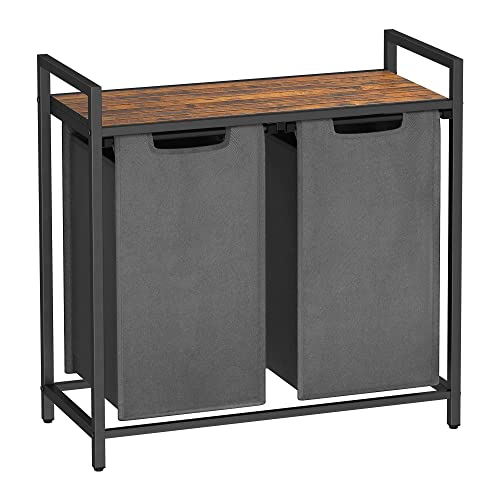 VASAGLE Laundry Hamper, Laundry Basket, Laundry Sorter with 2 Pull-Out and Removable Bags, Shelf, Metal Frame, 2 x 12.1 Gallons (46L), 28.8 x 13 x 28.4 Inches, Rustic Brown and Gray UBLH201G01