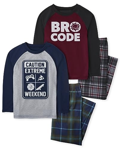 The Children's Place Boys' Long Sleeve Top and Pants 2 Piece Pajama Sets, Bro Code/Caution 2 Pack, Large