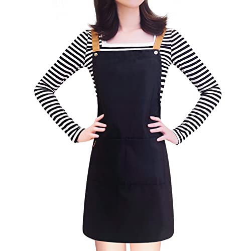 LOYGLIF Apron for Women with Adjustable Straps and Pockets, Canvas Cotton Cooking Kitchen Chef Hairstylist Bib Aprons, Black