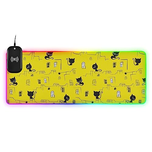 Black Cat Roof Wireless Charging Mouse Pad for Mobile Phone Extra Large Gaming Mousepad with 13 Lighting Modes Computer Mat for Office Home Gaming MacBook PC Laptop Desk