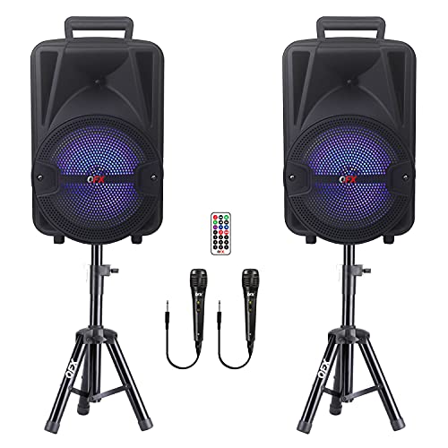 QFX Rechargeable Portable Bluetooth Stereo PA System with 8 Inch Woofer Speakers, 1 Inch Tweeter, and Accessories for Parties and Karaoke, Black