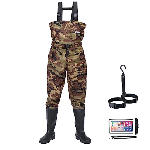 Ouzong Bootfoot Fishing Chest Waders for Men Women with Boots 2-Ply Nylon/PVC Waterproof Hunting Waders with Boots Hanger (Camo-010)
