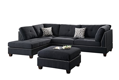 Poundex Bobkona Viola Linen-Like Polyfabric Left or Right Hand Chaise Sectional Set with Ottoman (Pack of 3), Black