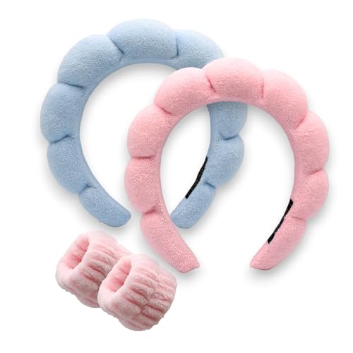 The trend collection Spa headbands for women-girls, Makeup sponge headband, Non slip face wash, skincare-Padded soft thick terry cloth hair band accessory. 5 Colors (Blue/Pink W Wristband)