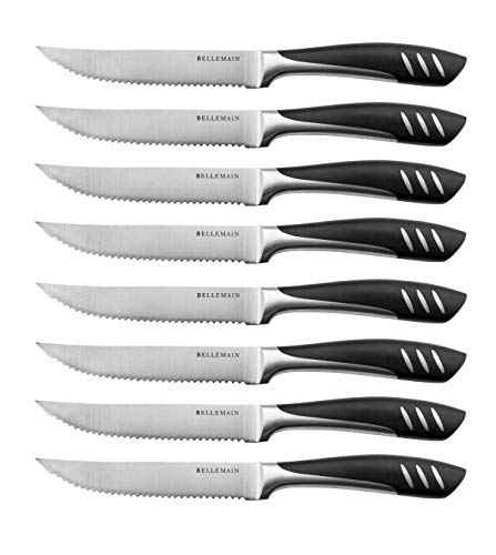 Bellemain Serrated Steak Knife Set | Stainless Steel Kitchen Knife Set, Meat Knife for Table | Sharp Knife Set, Dinner Knives, Gourmet Steak Knives, Black Knife Set | Serrated Steak Knives - Set of 8