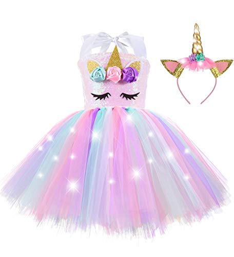 ZeroStage Sequin LED Lighted Unicorn Halloween Costumes for Girls Tutu Dress with Headband Birthday Outfits Gifts Party Decorations Recital Dance Princess Fairy Pink 7-8 Years Old