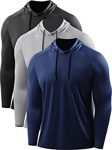 CADMUS Men's Workout Long Sleeve Fishing Shirts UPF 50+ Sun Protection Dry Fit Hoodies, 3 Pack, 096, Black, Grey, Navy Blue, X-Large