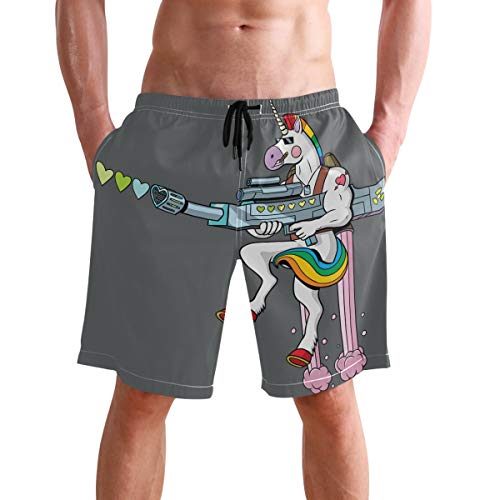 visesunny Cool Unicorn Gun Heart Men's Beach Shorts Hot Summer Swim Trunks Sports Running Bathing Suits with Mesh Lining