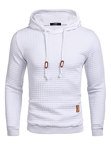COOFANDY Mens Long Sleeve Drawstring Plaid Jacquard Hooded Sweatshirt, White, Medium