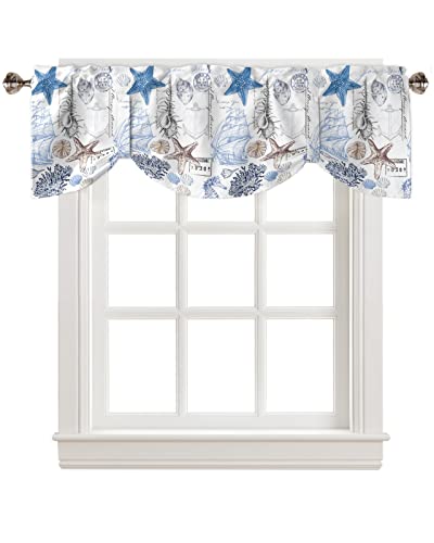 Nautical Theme Tie Up Curtain Valance for Windows,Marine Sail Boat Beach Starfish Seashell Window Treatment for Living Room Bedroom Bath,Rod Pocket Kitchen Curtain Adjustable Small Valance 54'W x 18'L