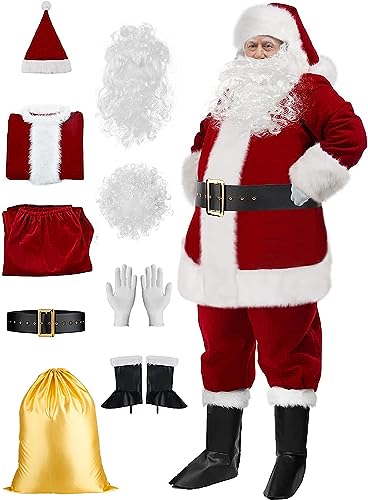 SOMOYA Santa Claus Costume for Men Christmas Santa Suit Deluxe Santa Outfit Plush Velvet Big Tall Plus Size 9 Pcs (X-Large Wine Red)