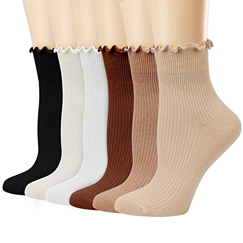 Mcool Mary Women's Ruffle Socks,Casual Cute Ankle Socks Cotton Knit Lettuce Low Cut Frilly Crew Socks for Women 6 Pack