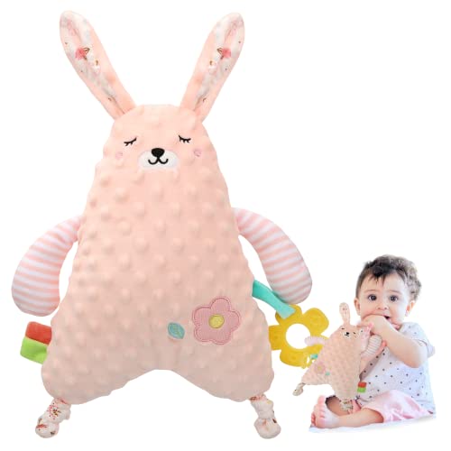 JERICETOY Baby Stuffed Animal Security Blanket with Teething Toy Baby Lovey Unisex Snuggle Toy Soft Minky Dot Fabric Nursery Character Blanket for Newborn Baby Boys Girls Infant Toys Age 0 Month+