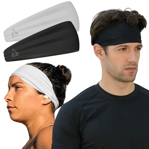 Temple Tape, Mens Headband - Guys Sports Headbands Moisture Wicking Workout Sweatbands for Running, CrossTrain, Skiing and Bike Helmet Friendly - Value Pack - 1-Black & 1-White Sweatbands