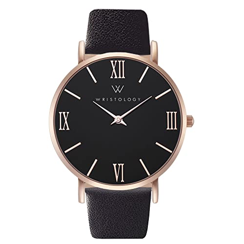 Wristology Roman Numerals Boyfriend Black Face Watch with Black Leather Band - Black - Interchangeable Genuine Leather Strap - Large Easy Read Analog Face for Women, Men, Unisex Stella
