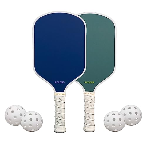 Recess Pickleball Starter Set of Premium Pickleball Paddles and Four (4) Pickle Balls - Lightweight, Honeycomb Core & Comfort Grip Handles - Perfect for Beginners