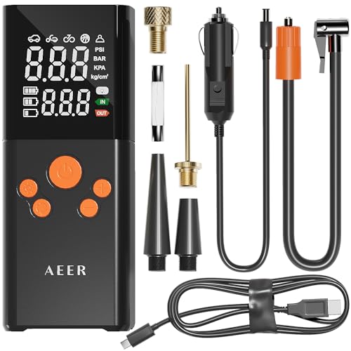 AEER Tire Inflator Portable Air Compressor Air Pump for Car Tires (150 PSI) - Cordless Bike Pump with Tire Pressure Gauge and Motorcycle Tire Inflator with Auto-Shutoff Function