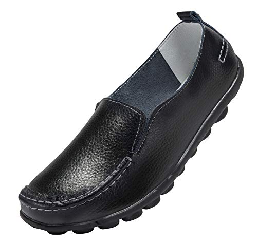 ANYUETE Women's Slip on Leather Loafers Comfortable Driving Casual Flat Shoes Black Size 8