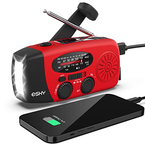 Esky Emergency Hand Crank Radio with 3 LED Flashlight, AM/FM/NOAA Portable Weather Radio with 2000mAh Power Bank Phone Charger, Solar Powered USB Charged Radio for Indoor Outdoor Camping, SOS Alarm