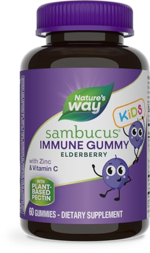 Nature's Way Sambucus Elderberry Immune Gummies for Kids, Immune Support Gummies*, with Black Elderberry Extract, Vitamin C and Zinc, 60 Gummies (Packaging May Vary)