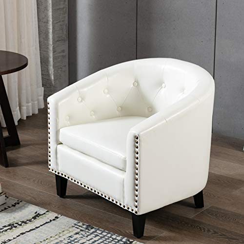 Merax White Modern Tufted Accent Armchair PU Leather Club Chair for Living Room Bedroom with Wood Legs, Set of 1