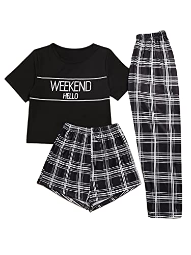 Verdusa Women's 3 Piece Plaid Print Pajama Sets Tee Top and Shorts Pants Pj Set Black XS