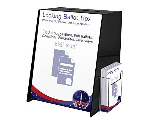 Marketing Holders 8.75” x 8.5' x 11.5' Locking Ballot Box Black Acrylic with 8.5' x 11' Slide in Header Sign Holder and Pocket on the Side Countertop Donation Bin