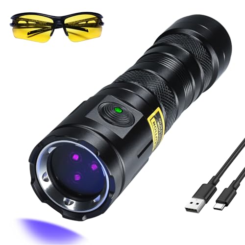 DARKBEAM UV Flashlight 365nm Black Light, 3 LEDs Powerful Ultraviolet Flashlights Rechargeable USB-C, Mini Woods Lamps Long Life - Water Resistant, Pet Urine Detector, for Fluorescent Detection