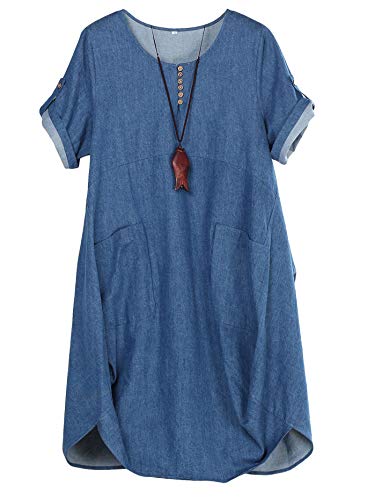 Minibee Women's Ruffle Oversize Casual Midi Dresses with Pockets (XL, Denim Blue)