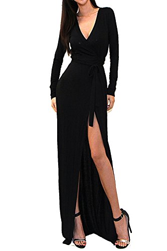 Vivicastle Women's USA Sexy Long Sleeve Tulip Wrap Slit Front Full Long Maxi Dress (Large, Black)