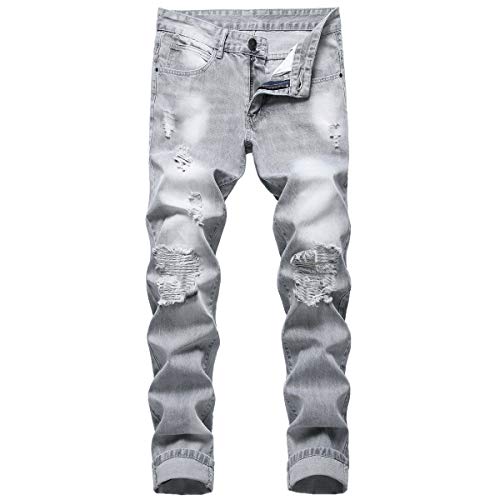 LZLER Mens Ripped Jeans,Distressed Destroyed Slim Fit Straight Leg Denim Pant with Holes(Light Grey 870,34)