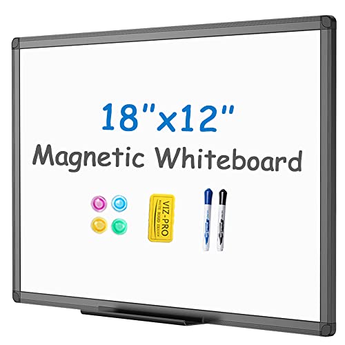 VIZ-PRO Magnetic Whiteboard/Dry Erase Board with Black Aluminium Frame, 18 X 12 Inches, Includes 1 Eraser & 2 Markers & 4 Magnets