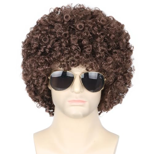 Topcosplay Men and Women Afro Wigs Dark Brown Disco Rock Hippie Wig Short Halloween Costume Wigs