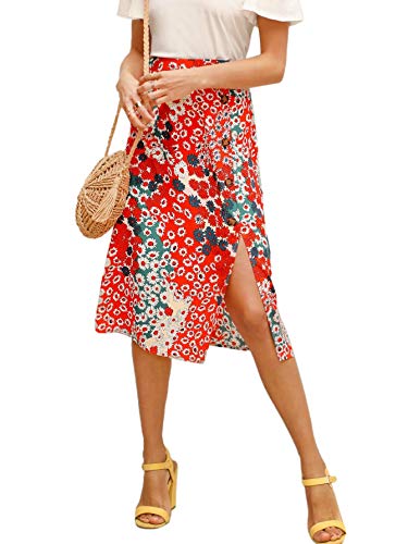 Floerns Women's Boho Floral High Waist Split A Line Midi Skirt Red Disty L