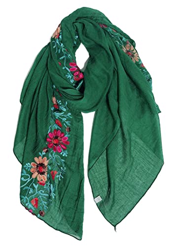GERINLY Floral Embroidery Scarf Boho Style Shawl with Artistic Crochet Flower Elegant Cotton Hair Wrap Japanese Scarves (N-Green)