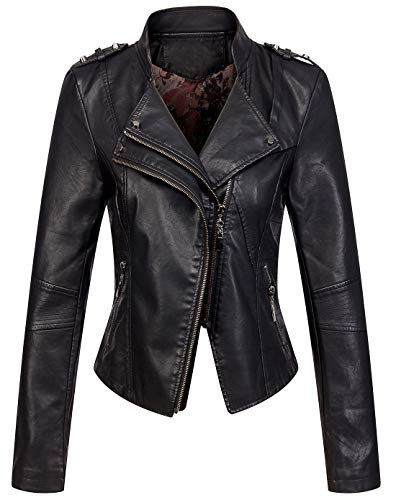 chouyatou Women's Candy Color Asymmetric Zip Slim Faux Leather Cropped Moto Jacket (Large, Black)
