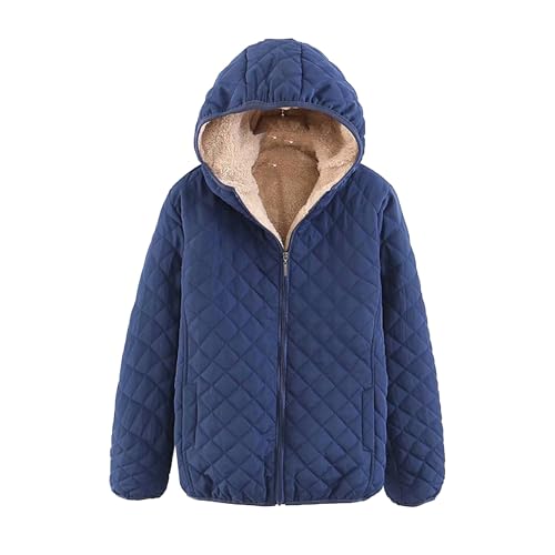 JEsilunmaMY Women's Diamond Fleece Lined Quilted Jacket Slim Hooded Sherpa Jacket with Pocket Solid Color Winter Padded Coats (Dark Blue,Medium)