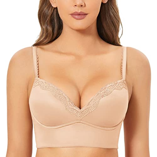 DOBREVA Women's Push Up Bra Wireless Padded No Underwire Bralettes Lace Plunge Bras Beige 40C