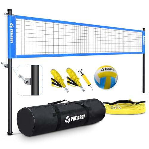 Patiassy Portable Professional Outdoor Volleyball Net Set with Adjustable Height Aluminum Poles, Winch System, Volleyball with Pump and Carrying Bag for Backyard Beach (Blue)
