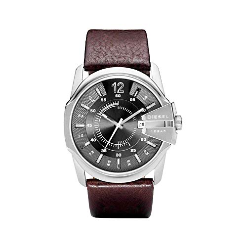 Diesel Men's 46mm Master Chief Quartz Stainless Steel and Leather Three-Hand Watch, Color: Silver, Brown (Model: DZ1206)