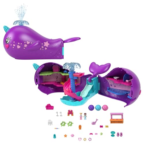 Polly Pocket Sparkle Cove Adventure Dolls & Toy Boat Playset, Narwhal Adventurer with 2 Micro Dolls, 3 Dissolvable Pearls & 13 Accessories
