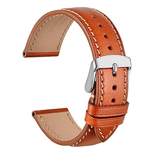 WOCCI 20mm Luxury Watch Band, Italian Leather Strap with Silver Buckle (Gold Brown)