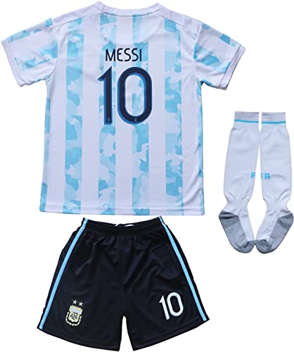 2021 Argentina #10 Leo Messi Copa-American Home Kids Football Soccer Jersey/Shorts/Socks Kit Youth Sizes (Messi White, 28 (10-11 Years))