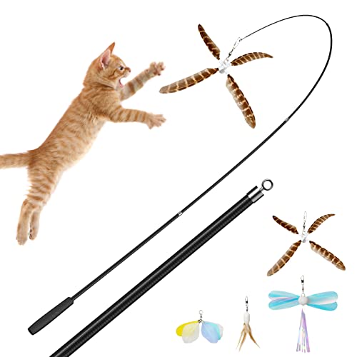 uahpet Natural Feather Cat Toys for Indoor Cats Retractable Cat Wand 60inch Safe Hunting Distance Interactive Toys for Kittens with 4Pcs Senses Replacement Teasers Arouse Cat Desire to Hunt